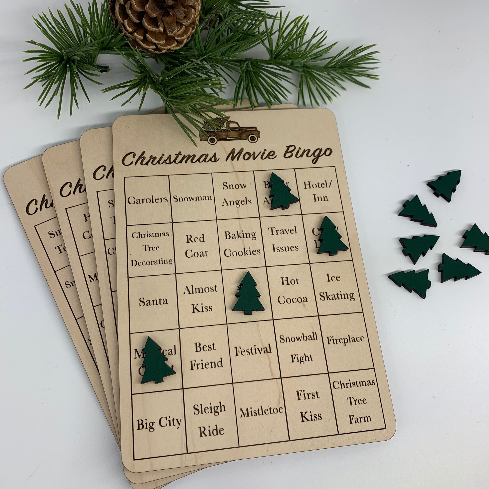 Wooden Christmas Movie Bingo Cards with 100 Tree Markers